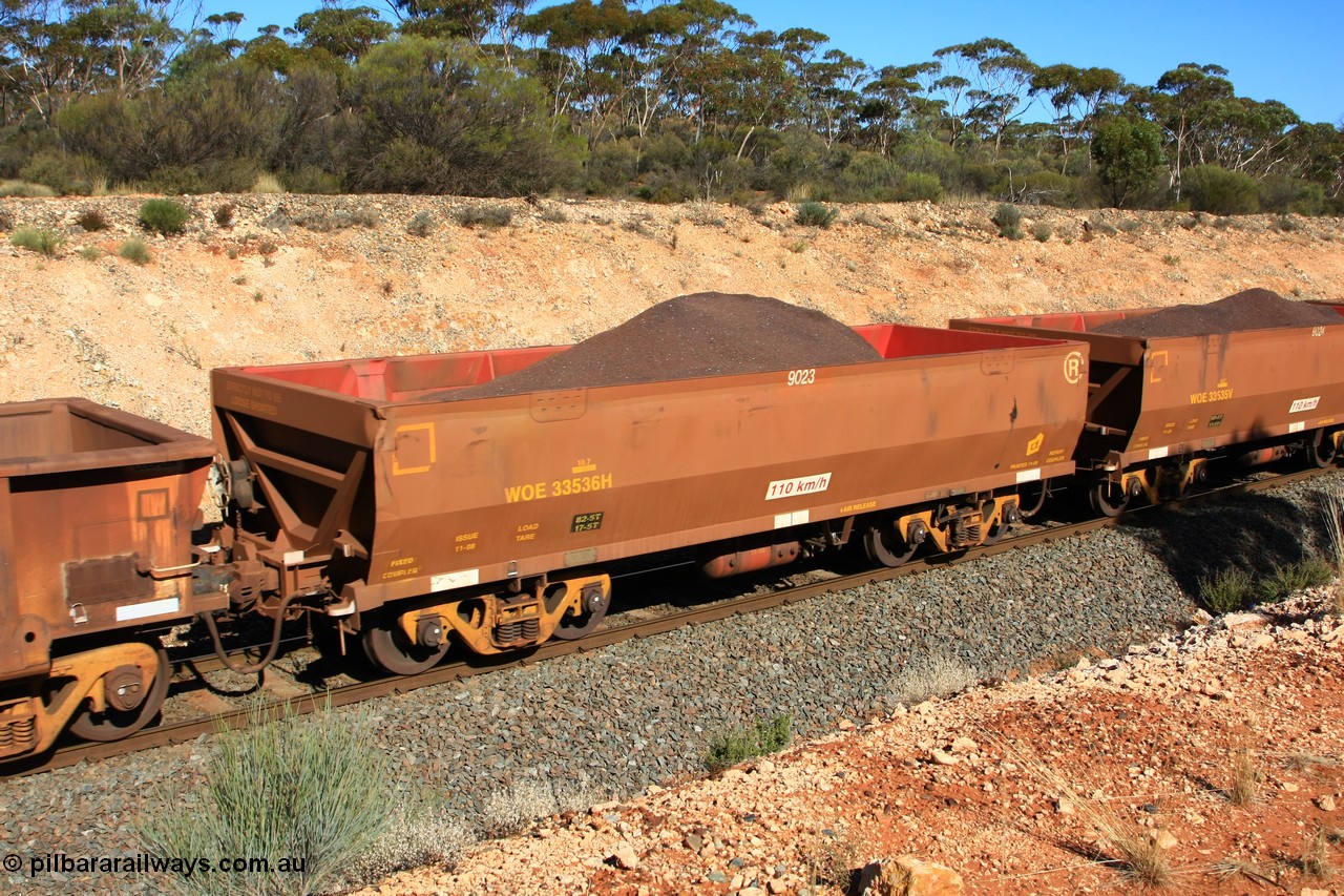 100602 8547
WOE type iron ore waggon WOE 33536 is one of a batch of one hundred and twenty eight built by United Group Rail WA between August 2008 and March 2009 with serial number 950211-076 and fleet number 9023 for Koolyanobbing iron ore operations, seen here west of Binduli, 2nd June 2010.
Keywords: WOE-type;WOE33536;United-Group-Rail-WA;950211-076;