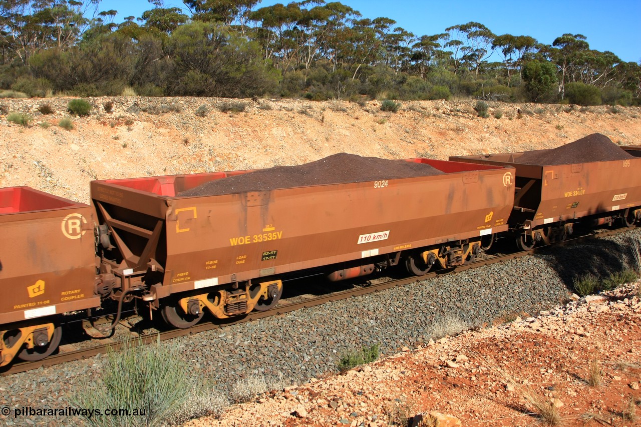 100602 8548
WOE type iron ore waggon WOE 33535 is one of a batch of one hundred and twenty eight built by United Group Rail WA between August 2008 and March 2009 with serial number 950211-075 and fleet number 9024 for Koolyanobbing iron ore operations, seen here west of Binduli, 2nd June 2010.
Keywords: WOE-type;WOE33535;United-Group-Rail-WA;950211-075;