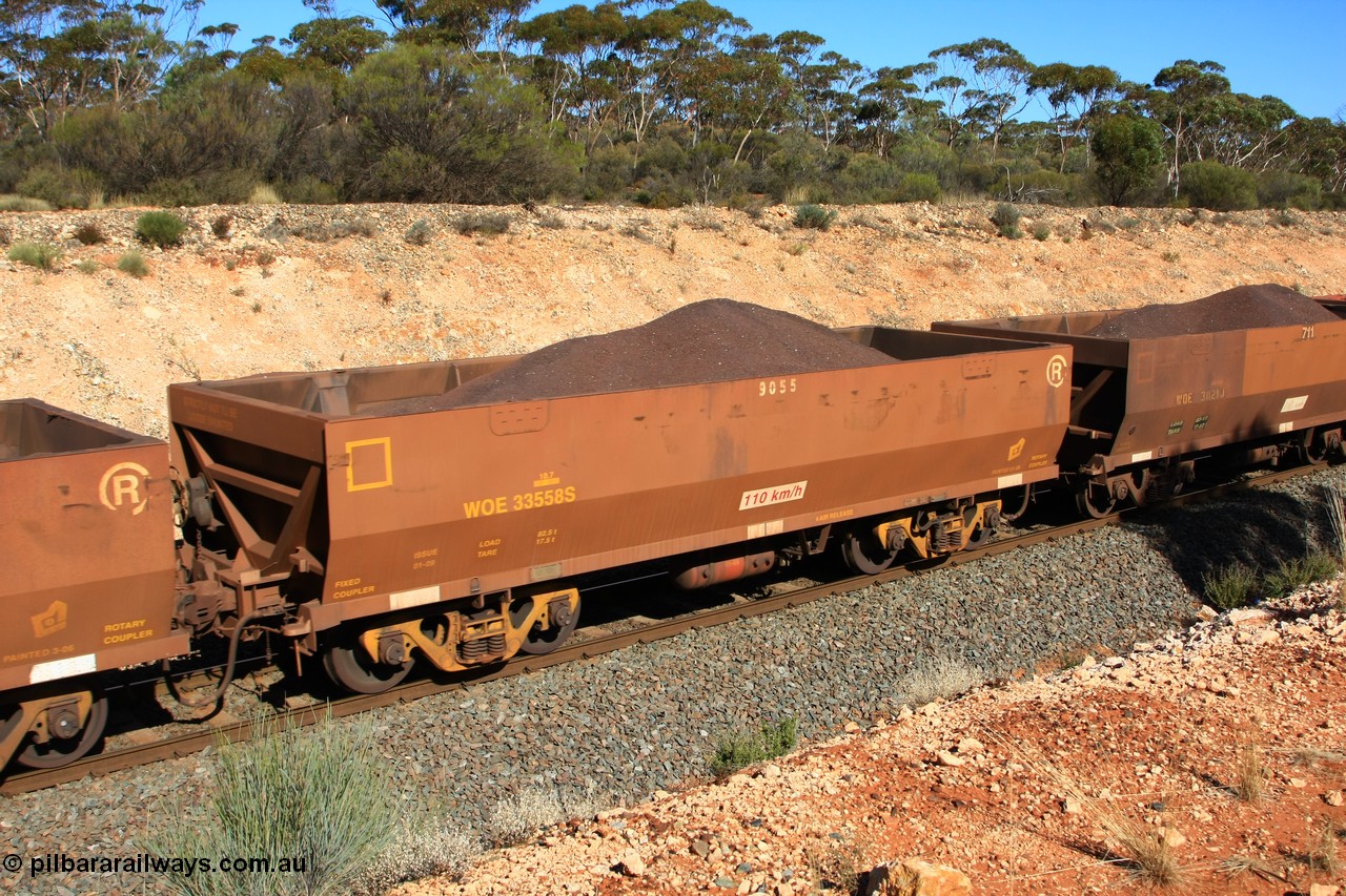 100602 8550
WOE type iron ore waggon WOE 33558 is one of a batch of one hundred and twenty eight built by United Group Rail WA between August 2008 and March 2009 with serial number 950211-098 and fleet number 9055 for Koolyanobbing iron ore operations, seen here west of Binduli, 2nd June 2010.
Keywords: WOE-type;WOE33558;United-Group-Rail-WA;950211-098;