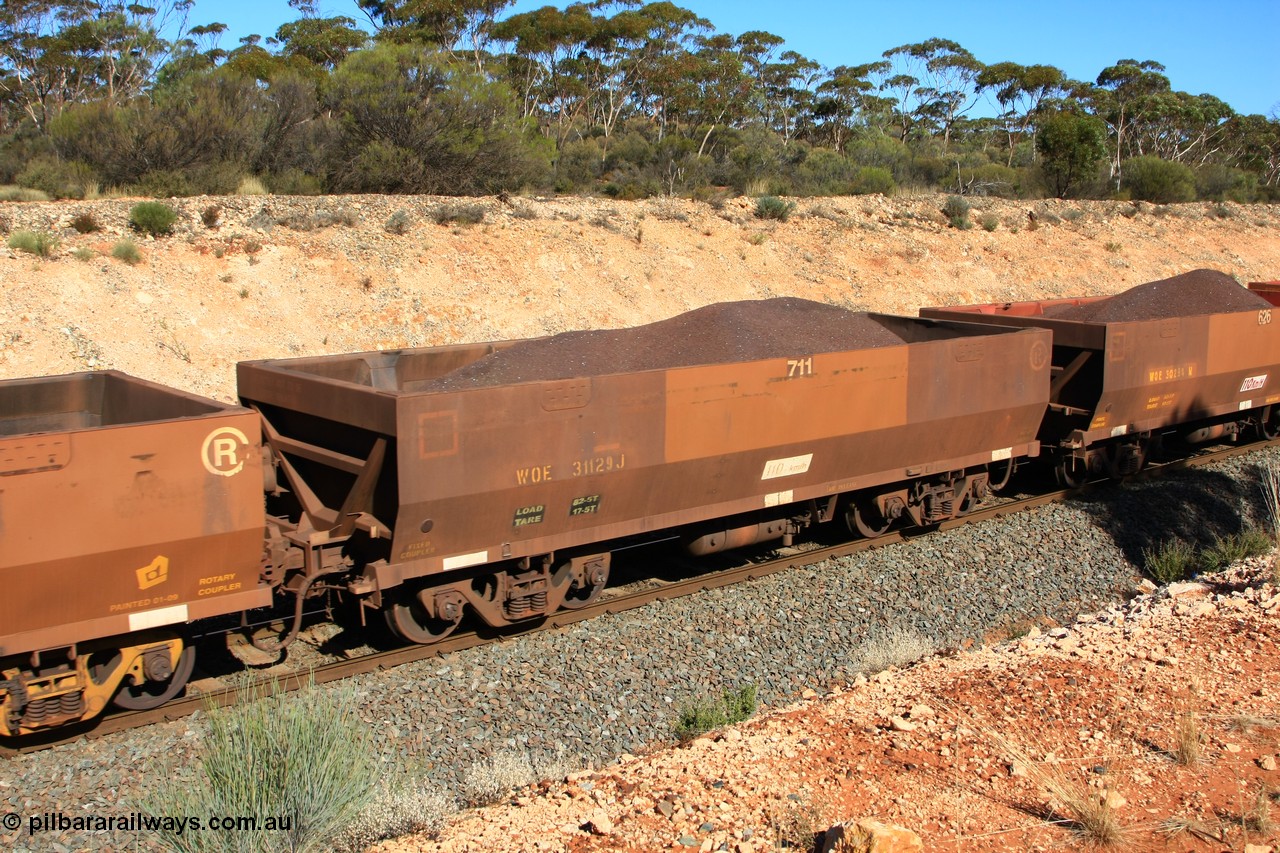 100602 8551
WOE type iron ore waggon WOE 31129 is one of a batch of one hundred and thirty built by Goninan WA between March and August 2001 with serial number 950092-119 and fleet number 711 for Koolyanobbing iron ore operations with revised load of 82.5 tonne and PORTMAN painted out, seen here west of Binduli, 2nd June 2010.
Keywords: WOE-type;WOE31129;Goninan-WA;950092-119;