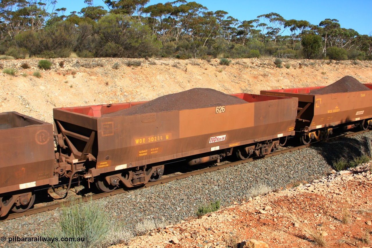 100602 8552
WOE type iron ore waggon WOE 30284 is one of a batch of one hundred and thirty built by Goninan WA between March and August 2001 with serial number 950092-034 and fleet number 626 for Koolyanobbing iron ore operations of 83 tonne load capacity, but with revised load of 82.5 tonne and PORTMAN painted out, seen here west of Binduli, 2nd June 2010.
Keywords: WOE-type;WOE30284;Goninan-WA;950092-034;