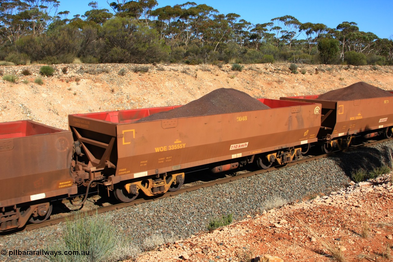 100602 8553
WOE type iron ore waggon WOE 33555 is one of a batch of one hundred and twenty eight built by United Group Rail WA between August 2008 and March 2009 with serial number 950211-095 and fleet number 9048 for Koolyanobbing iron ore operations, seen here west of Binduli, 2nd June 2010.
Keywords: WOE-type;WOE33555;United-Group-Rail-WA;950211-095;