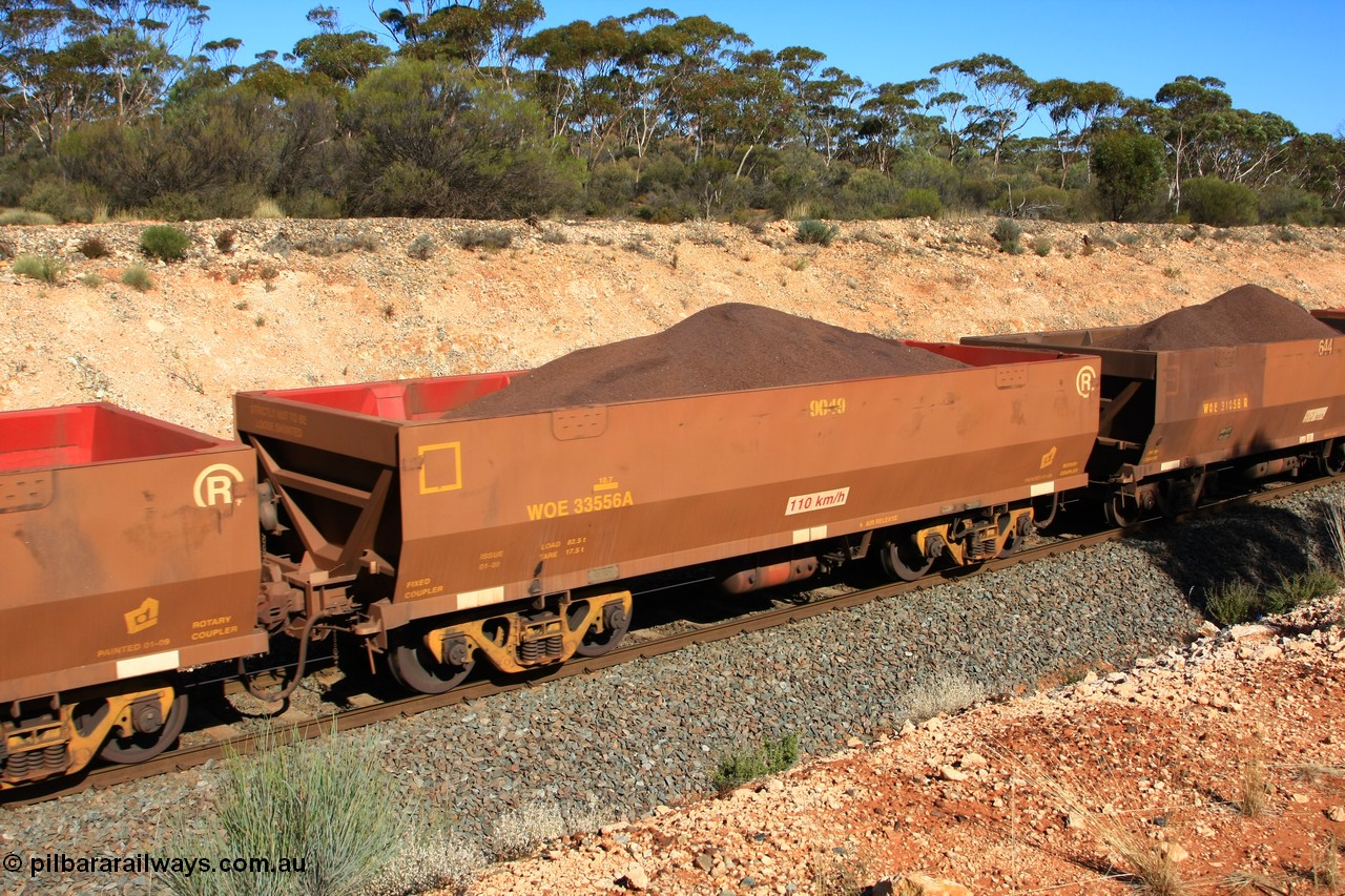 100602 8554
WOE type iron ore waggon WOE 33556 is one of a batch of one hundred and twenty eight built by United Group Rail WA between August 2008 and March 2009 with serial number 950211-096 and fleet number 9049 for Koolyanobbing iron ore operations, seen here west of Binduli, 2nd June 2010.
Keywords: WOE-type;WOE33556;United-Group-Rail-WA;950211-096;