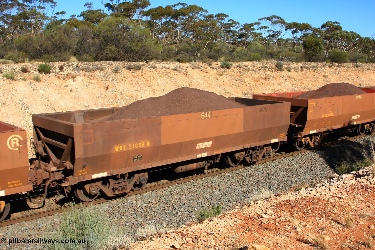 100602 8555
WOE type iron ore waggon WOE 31058 is one of a batch of fifteen built by Goninan WA between April and May 2002 with fleet number 644 for Koolyanobbing iron ore operations, with revised load of 82.5 tonne and PORTMAN painted out, seen here west of Binduli, 2nd June 2010.
Keywords: WOE-type;WOE31058;Goninan-WA;