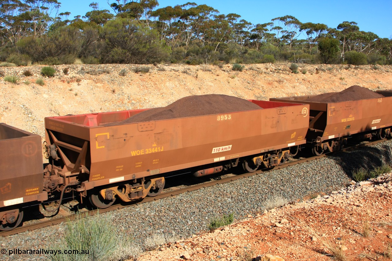 100602 8556
WOE type iron ore waggon WOE 33441 is one of a batch of seventeen built by United Group Rail WA between July and August 2008 with serial number 950209-005 and fleet number 8953 for Koolyanobbing iron ore operations with build date of 08/2008 of the current style of 82.5 tonne load capacity for Portman Mining with PORTMAN painted out, seen here west of Binduli, 2nd June 2010.
Keywords: WOE-type;WOE33441;United-Group-Rail-WA;950209-005;