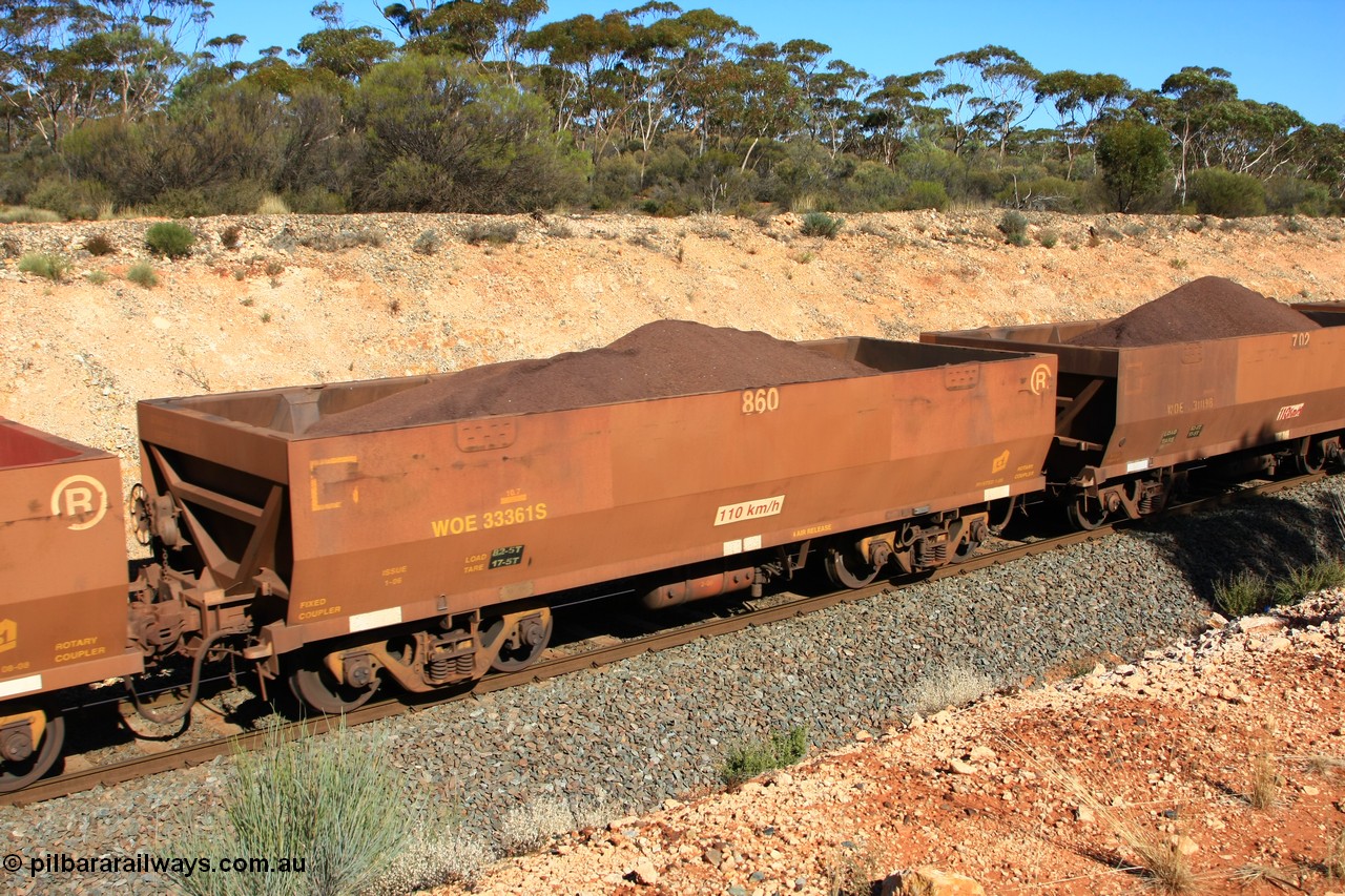 100602 8557
WOE type iron ore waggon WOE 33361 is one of a batch of one hundred and forty one built by United Goninan WA between November 2005 and April 2006 with serial number 950142-066 and fleet number 860 for Koolyanobbing iron ore operations, build date 01/2006 and a revised load of 82.5 tonnes with PORTMAN painted out, seen here west of Binduli, 2nd June 2010.
Keywords: WOE-type;WOE33361;United-Goninan-WA;950142-066;