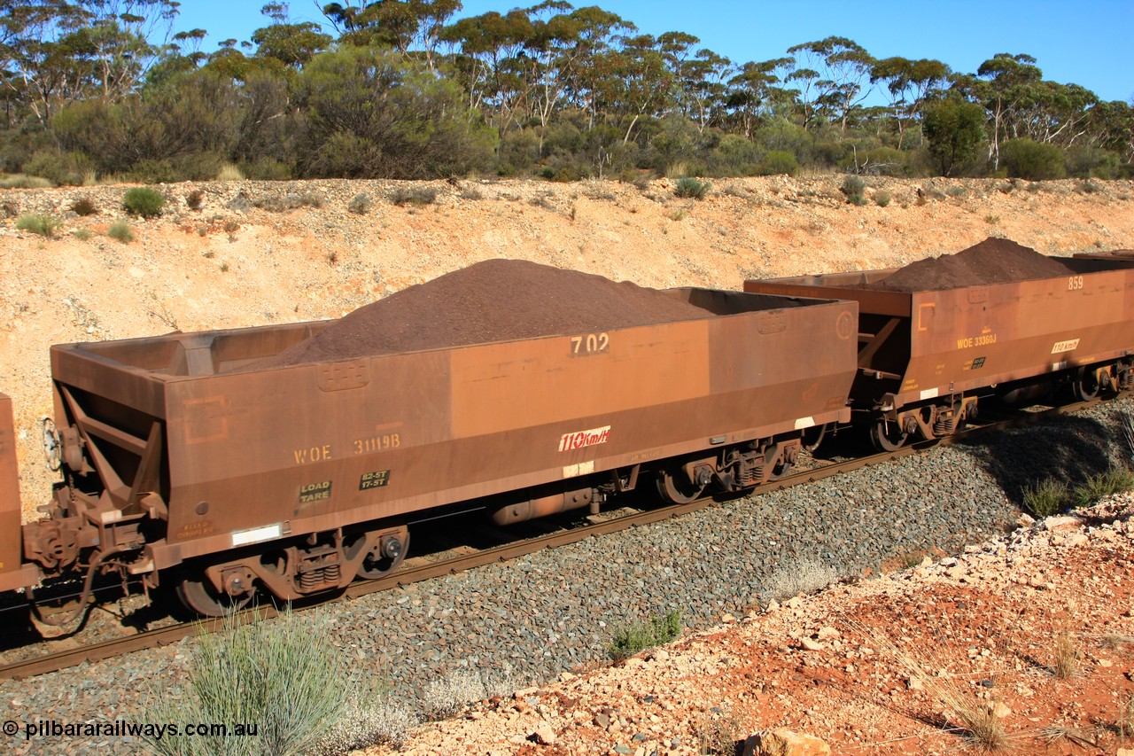 100602 8558
WOE type iron ore waggon WOE 31119 is one of a batch of one hundred and thirty built by Goninan WA between March and August 2001 with serial number 950092-109 and fleet number 702 for Koolyanobbing iron ore operations with revised load of 82.5 tonne and PORTMAN painted out, seen here west of Binduli, 2nd June 2010.
Keywords: WOE-type;WOE31119;Goninan-WA;950092-109;