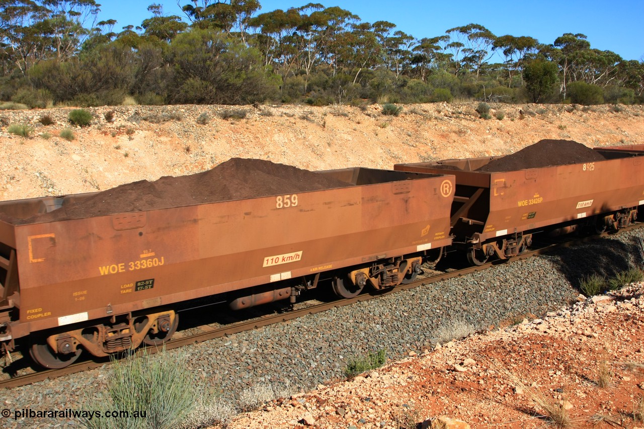 100602 8559
WOE type iron ore waggon WOE 33360 is one of a batch of one hundred and forty one built by United Goninan WA between November 2005 and April 2006 with serial number 950142-065 and fleet number 859 for Koolyanobbing iron ore operations with a revised load of 82.5 tonnes, with PORTMAN painted out, seen here west of Binduli, 2nd June 2010.
Keywords: WOE-type;WOE33360;United-Goninan-WA;950142-065;