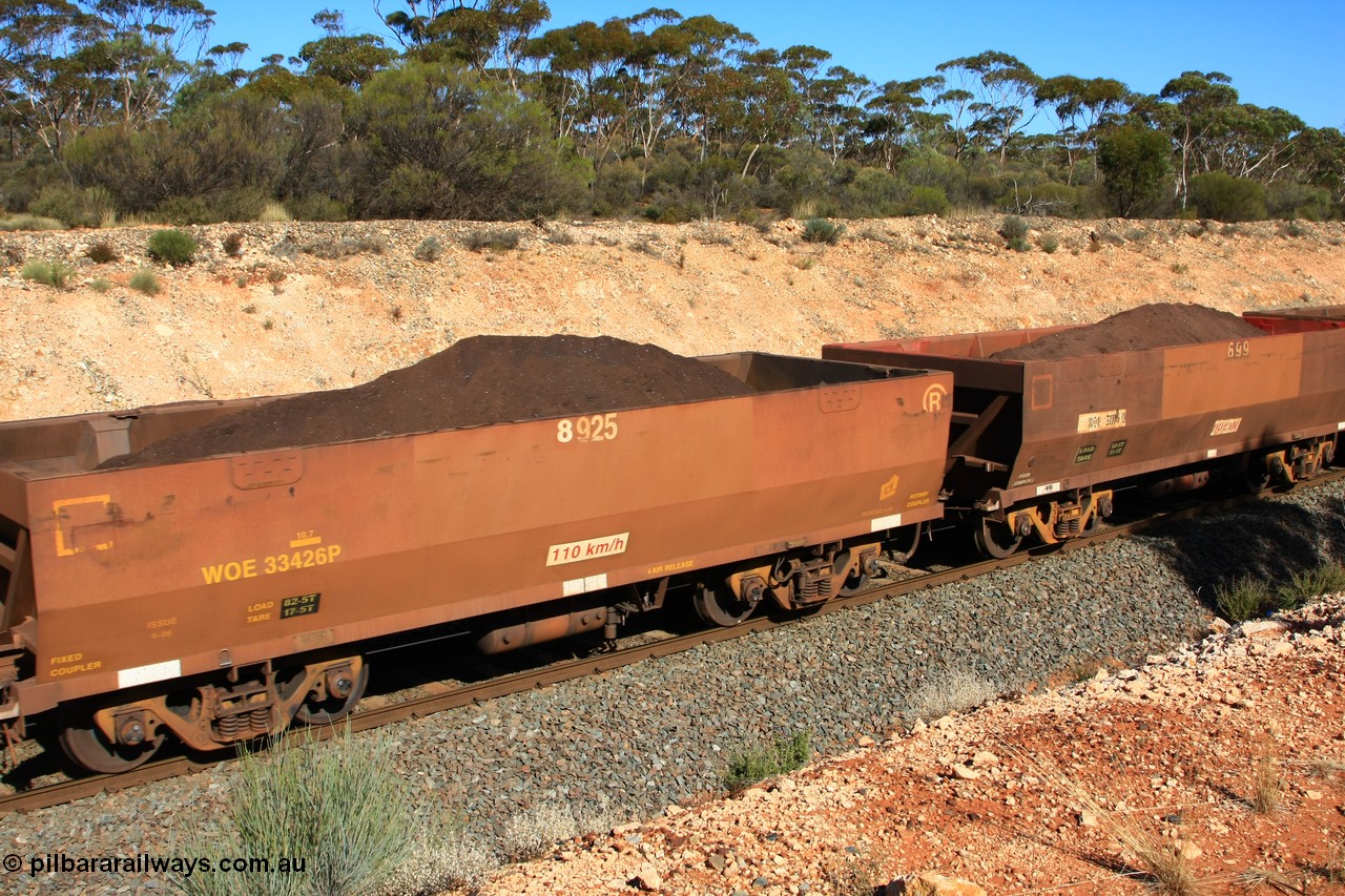 100602 8560
WOE type iron ore waggon WOE 33426 is one of a batch of one hundred and forty one built by United Group Rail WA between November 2005 and April 2006 with serial number 950142-131 and fleet number 8925 for Koolyanobbing iron ore operations a build date of 04/2006 with a revised load of 82.5 tonnes with PORTMAN painted out, seen here west of Binduli, 2nd June 2010.
Keywords: WOE-type;WOE33426;United-Group-Rail-WA;950142-131;