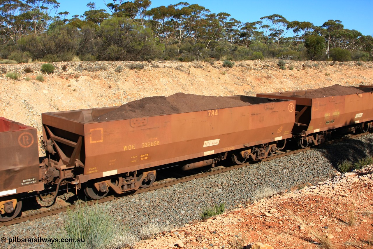 100602 8561
WOE type iron ore waggon WOE 33285 is one of a batch of thirty five built by United Goninan WA between January and April 2005 with serial number 950104-025 and fleet number 784 for Koolyanobbing iron ore operations, build date of 03/2005 with a revised load of 82.5 tonnes and PORTMAN painted out, seen here west of Binduli, 2nd June 2010.
Keywords: WOE-type;WOE33285;United-Goninan-WA;950104-025;