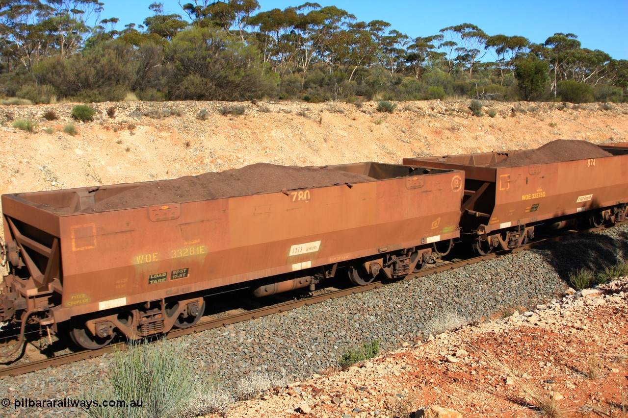 100602 8562
WOE type iron ore waggon WOE 33281 is one of a batch of thirty five built by United Goninan WA between January and April 2005 with serial number 950104-021 and fleet number 780 for Koolyanobbing iron ore operations with a revised load of 82.5 tonnes and PORTMAN painted out, seen here west of Binduli, 2nd June 2010.
Keywords: WOE-type;WOE33281;United-Goninan-WA;950104-021;