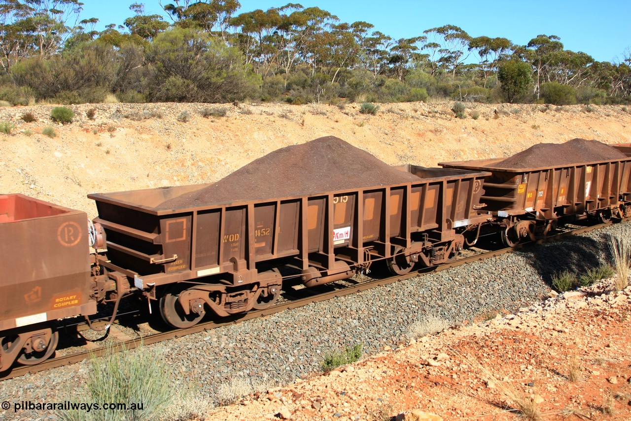 100602 8563
WOD type iron ore waggon WOD 31452 is one of a batch of sixty two built by Goninan WA between April and August 2000 with serial number 950086-024 and fleet number 515 for Koolyanobbing iron ore operations with a 75 ton capacity for Portman Mining to cart their Koolyanobbing iron ore to Esperance, with PORTMAN painted out, seen here west of Binduli, 2nd June 2010.
Keywords: WOD-type;WOD31452;Goninan-WA;950086-024;
