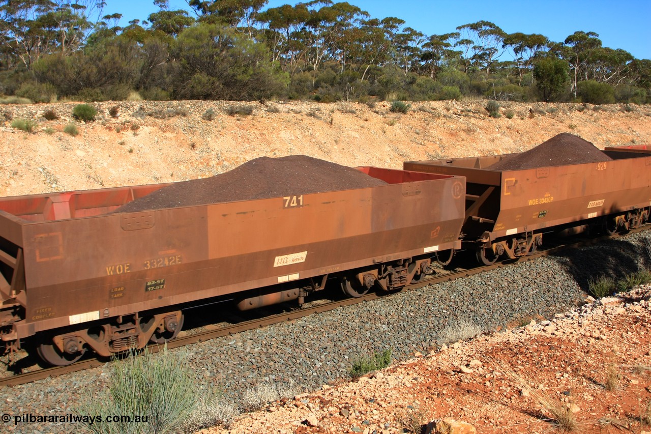 100602 8565
WOE type iron ore waggon WOE 33242 is one of a batch of twenty seven built by Goninan WA between September and October 2002 with serial number 950103-009 and fleet number 741 for Koolyanobbing iron ore operations with a revised load of 82.5 tonnes with PORTMAN painted out, seen here west of Binduli, 2nd June 2010.
Keywords: WOE-type;WOE33242;Goninan-WA;950103-009;