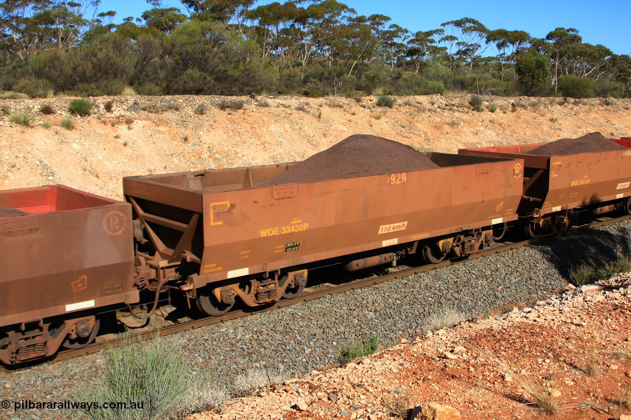 100602 8566
WOE type iron ore waggon WOE 33430 is one of a batch of one hundred and forty one built by United Group Rail WA between November 2005 and April 2006 with serial number 950142-135 and fleet number 8929 for Koolyanobbing iron ore operations a build date of 04/2006 with a revised load of 82.5 tonnes and PORTMAN painted out, seen here west of Binduli, 2nd June 2010.
Keywords: WOE-type;WOE33430;United-Group-Rail-WA;950142-135;