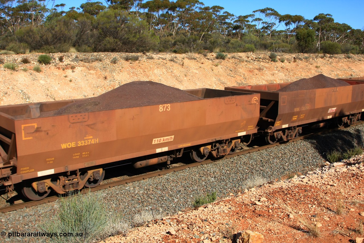 100602 8568
WOE type iron ore waggon WOE 33374 is one of a batch of one hundred and forty one built by United Goninan WA between November 2005 and April 2006 with serial number 950142-079 and fleet number 873 for Koolyanobbing iron ore operations, with a build date of 02/2006 and a revised load of 82.5 tonnes with PORTMAN painted out, seen here west of Binduli, 2nd June 2010.
Keywords: WOE-type;WOE33374;United-Goninan-WA;950142-079;