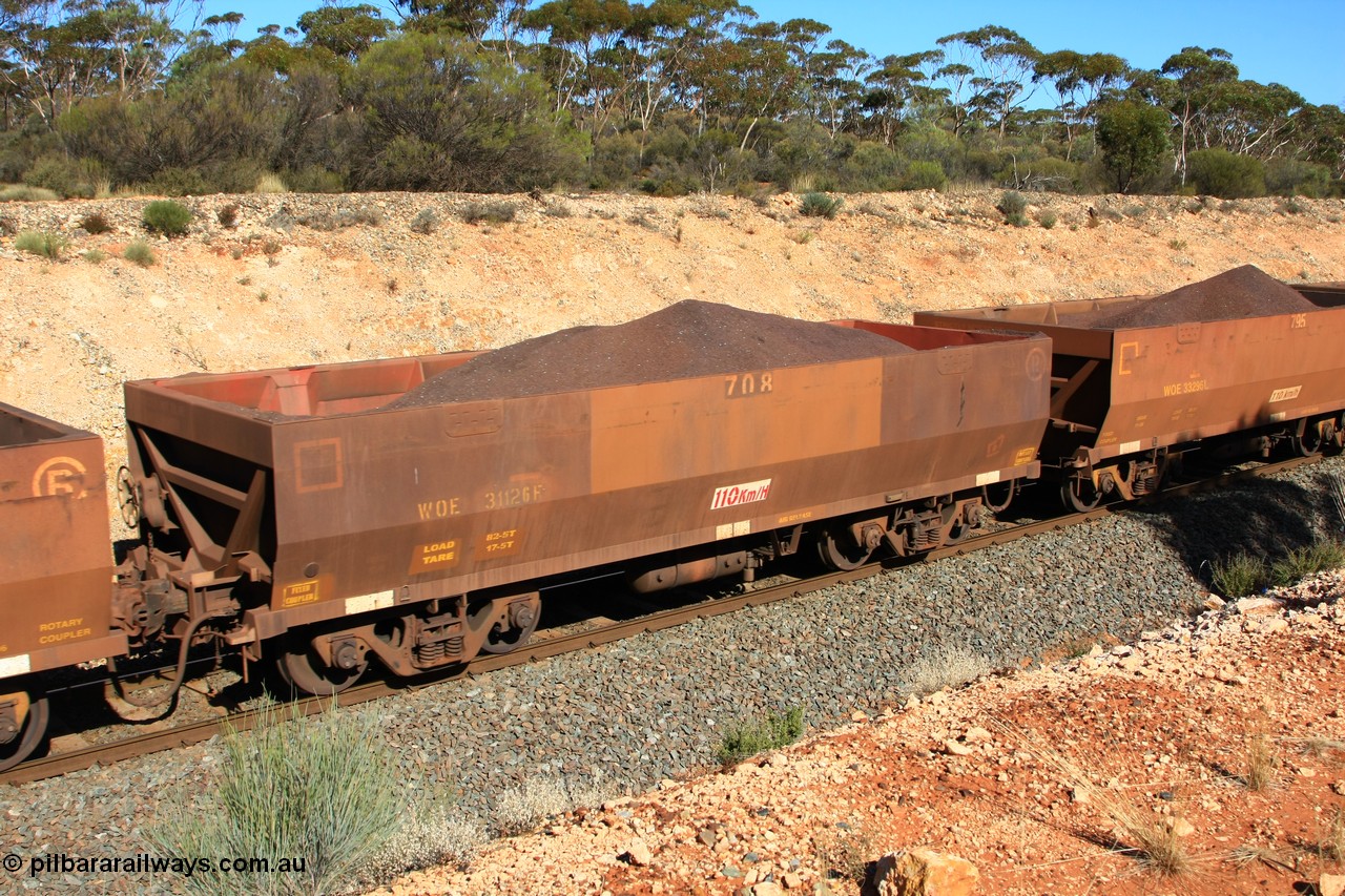 100602 8569
WOE type iron ore waggon WOE 31126 is one of a batch of one hundred and thirty built by Goninan WA between March and August 2001 with serial number 950092-116 and fleet number 708 for Koolyanobbing iron ore operations with revised load of 82.5 tonne and PORTMAN painted out, seen here west of Binduli, 2nd June 2010.
Keywords: WOE-type;WOE31126;Goninan-WA;950092-116;