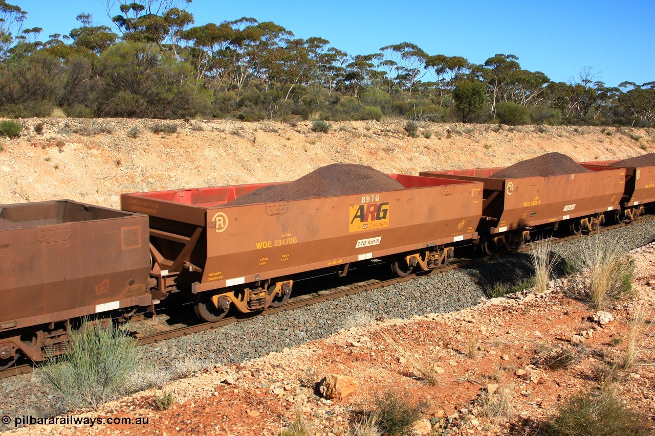 100602 8572
WOE type iron ore waggon WOE 33470 is one of a batch of one hundred and twenty eight built by United Group Rail WA between August 2008 and March 2009 with serial number 950211-012 and fleet number 8970 for Koolyanobbing iron ore operations, the 8 being a addition due to fleet size, build date of 06/2006 with a revised load of 82.5 tonnes, with PORTMAN painted out and an ARG decal applied to the side, seen here west of Binduli, 2nd June 2010.
Keywords: WOE-type;WOE33470;United-Group-Rail-WA;950211-012;