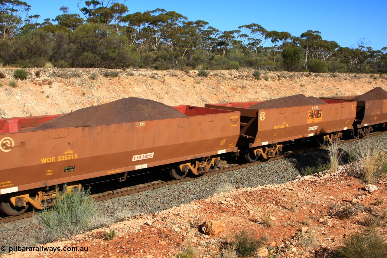 100602 8573
WOE type iron ore waggon WOE 33531 is one of a batch of one hundred and twenty eight built by United Group Rail WA between August 2008 and March 2009 with serial number 950211-071 and fleet number 9016 for Koolyanobbing iron ore operations, seen here west of Binduli, 2nd June 2010.
Keywords: WOE-type;WOE33531;United-Group-Rail-WA;950211-071;