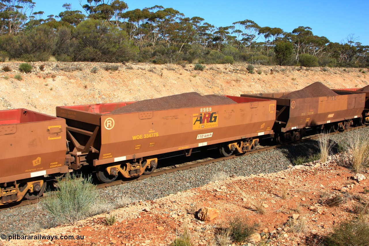 100602 8574
WOE type iron ore waggon WOE 33477 is one of a batch of one hundred and twenty eight built by United Group Rail WA between August 2008 and March 2009 with serial number 950211-019 and fleet number 8969 for Koolyanobbing iron ore operations, the 8 being a addition due to fleet size, build date of 09/2008 with a revised load of 82.5 tonnes with an ARG decal applied to the side, seen here west of Binduli, 2nd June 2010.
Keywords: WOE-type;WOE33477;United-Group-Rail-WA;950211-019;
