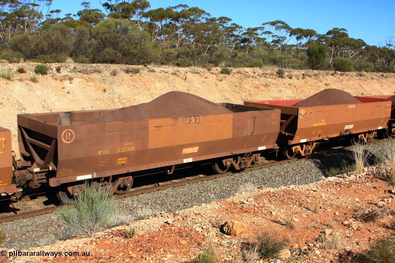 100602 8575
WOE type iron ore waggon WOE 33238 is one of a batch of twenty seven built by Goninan WA between September and October 2002 with serial number 950103-005 and fleet number 737 for Koolyanobbing iron ore operations but it now has the revised 82.5 tonne load rating and PORTMAN has been painted out, west of Binduli 2nd June 2010.
Keywords: WOE-type;WOE33238;Goninan-WA;950103-005;