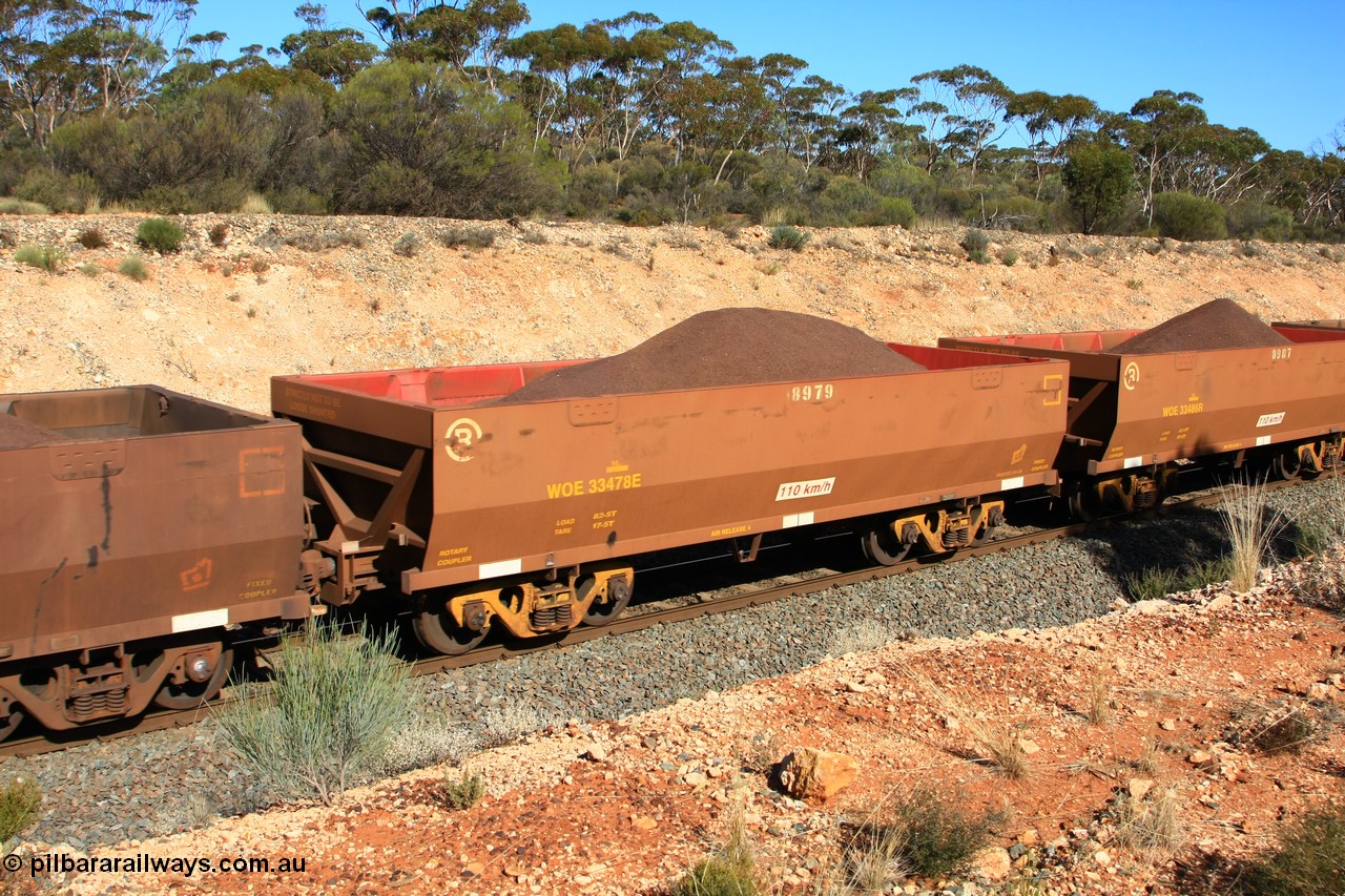 100602 8576
WOE type iron ore waggon WOE 33478 is one of a batch of one hundred and twenty eight built by United Group Rail WA between August 2008 and March 2009 with serial number 950211-020 and fleet number 8979 for Koolyanobbing iron ore operations, the 8 being an addition due to fleet size, build date of 09/2008 with a revised load of 82.5 tonnes, seen here west of Binduli, 2nd June 2010.
Keywords: WOE-type;WOE33478;United-Group-Rail-WA;950211-020;