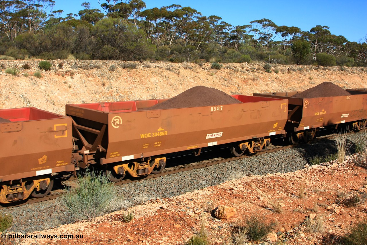 100602 8577
WOE type iron ore waggon WOE 33486 is one of a batch of one hundred and twenty eight built by United Group Rail WA between August 2008 and March 2009 with serial number 950211-??? and fleet number 8987 for Koolyanobbing iron ore operations, seen here west of Binduli, 2nd June 2010.
Keywords: WOE-type;WOE33486;United-Group-Rail-WA;