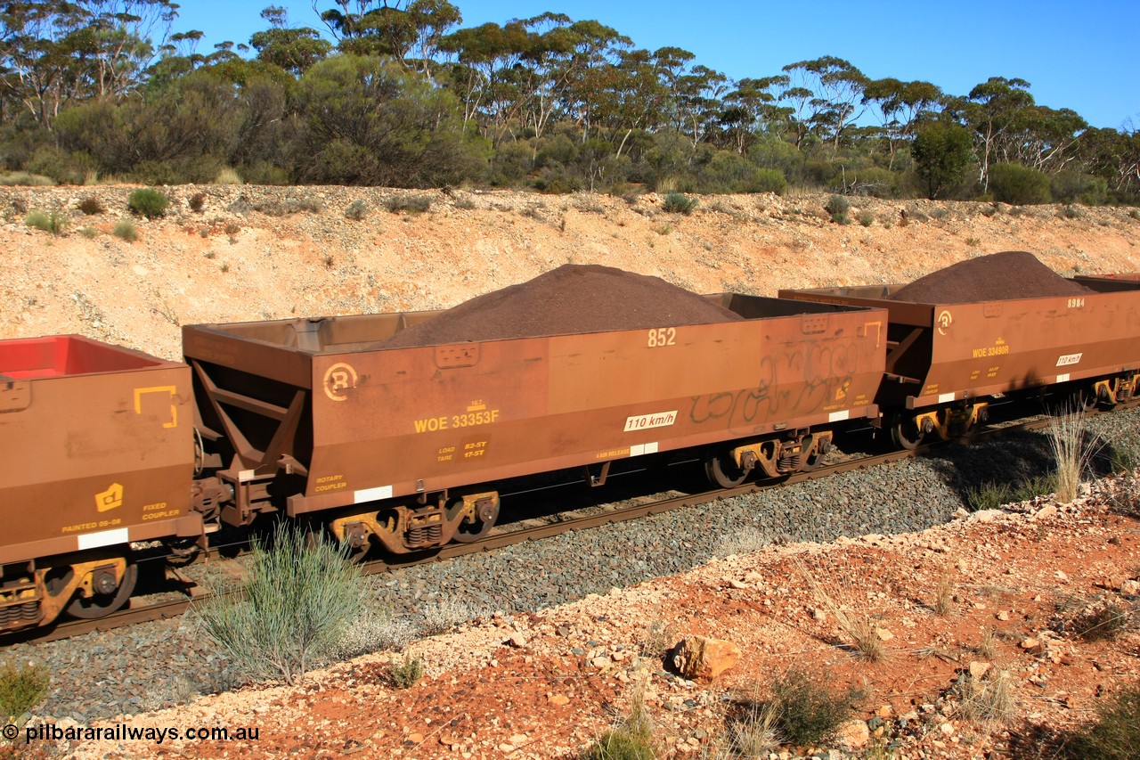 100602 8578
WOE type iron ore waggon WOE 33353 is one of a batch of one hundred and forty one built by United Goninan WA between November 2005 and April 2006 with serial number 950142-058 and fleet number 852 for Koolyanobbing iron ore operations with PORTMAN painted out, seen here west of Binduli, 2nd June 2010.
Keywords: WOE-type;WOE33353;United-Goninan-WA;950142-058;
