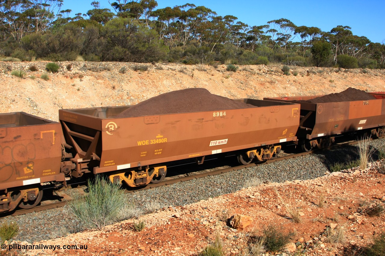 100602 8579
WOE type iron ore waggon WOE 33490 is one of a batch of one hundred and twenty eight built by United Group Rail WA between August 2008 and March 2009 with serial number 950211-030 and fleet number 8984 for Koolyanobbing iron ore operations, seen here west of Binduli, 2nd June 2010.
Keywords: WOE-type;WOE33490;United-Group-Rail-WA;950211-030;