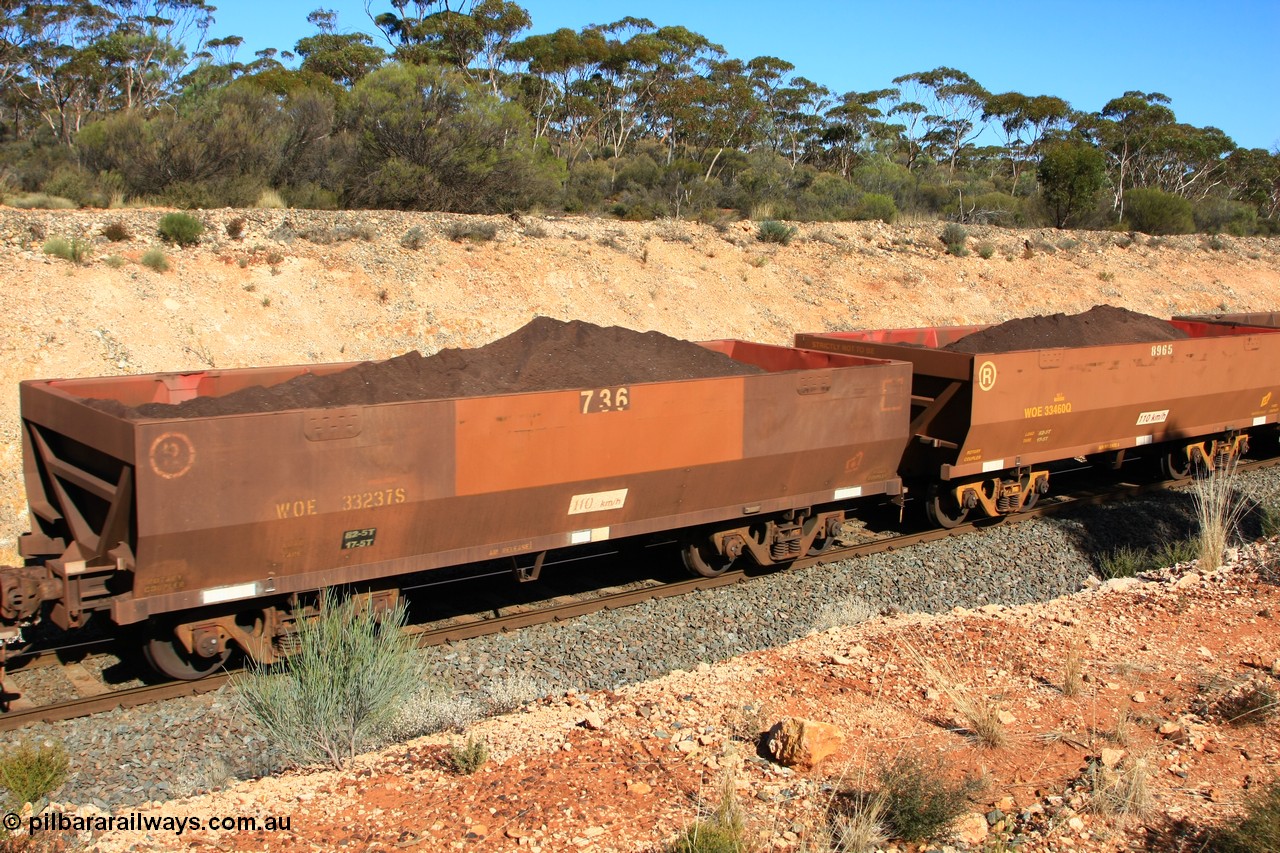 100602 8580
WOE type iron ore waggon WOE 33237 is one of a batch of twenty seven built by Goninan WA between September and October 2002 with serial number and fleet number 736 for Koolyanobbing iron ore operations but now has revised 82.5 tonne load and PORTMAN painted out. See image titled 060528 4544, Binduli 2nd June 2010.
Keywords: WOE-type;WOE33237;Goninan-WA;950103-004;