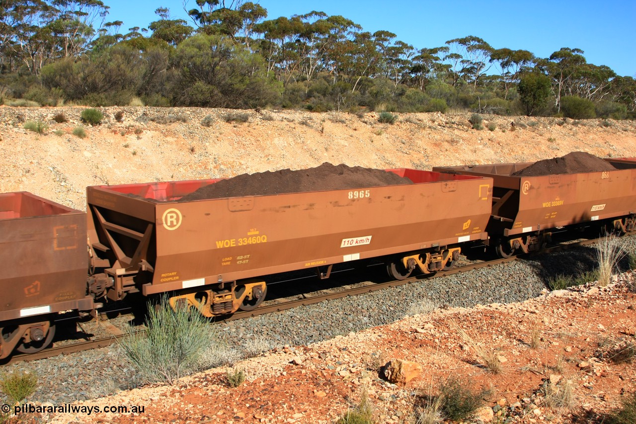 100602 8581
WOE type iron ore waggon WOE 33460 is one of a batch of one hundred and twenty eight built by United Group Rail WA between August 2008 and March 2009 with serial number 950211-002 and fleet number 8965 for Koolyanobbing iron ore operations, seen here west of Binduli, 2nd June 2010.
Keywords: WOE-type;WOE33460;United-Group-Rail-WA;950211-002;