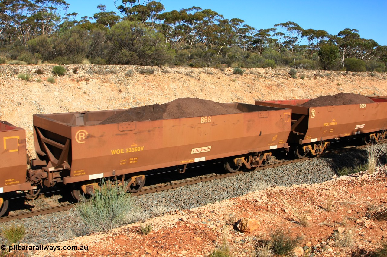 100602 8582
WOE type iron ore waggon WOE 33369 is one of a batch of one hundred and forty one built by United Goninan WA between November 2005 and April 2006 with serial number 950142-074 and fleet number 868 for Koolyanobbing iron ore operations, build date 02/2006 with a revised load of 82.5 tonnes and PORTMAN painted out, seen here west of Binduli, 2nd June 2010.
Keywords: WOE-type;WOE33369;United-Goninan-WA;950142-074;