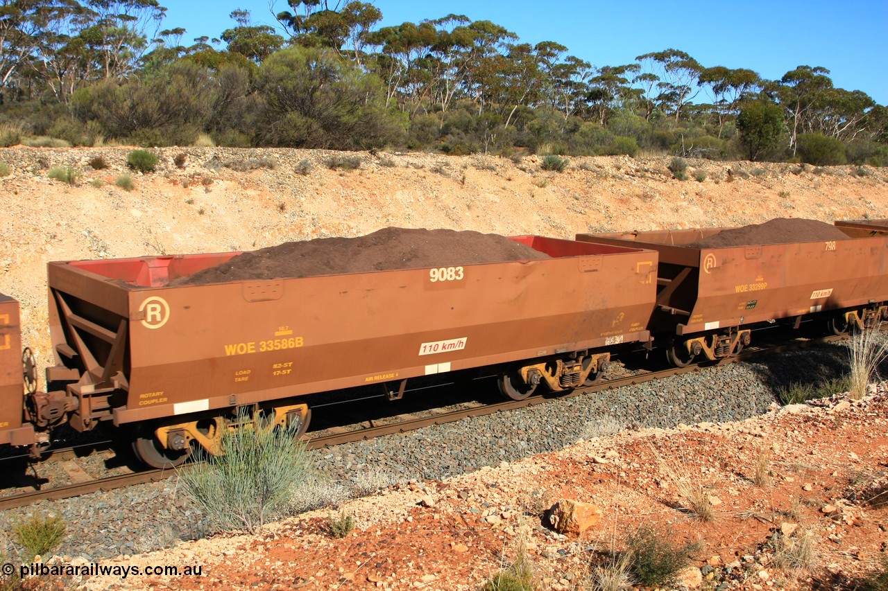 100602 8583
WOE type iron ore waggon WOE 33586 is one of a batch of one hundred and twenty eight built by United Group Rail WA between August 2008 and March 2009 with serial number 950211-126 and fleet number 9083 for Koolyanobbing iron ore operations, seen here west of Binduli, 2nd June 2010.
Keywords: WOE-type;WOE33586;United-Group-Rail-WA;950211-126;