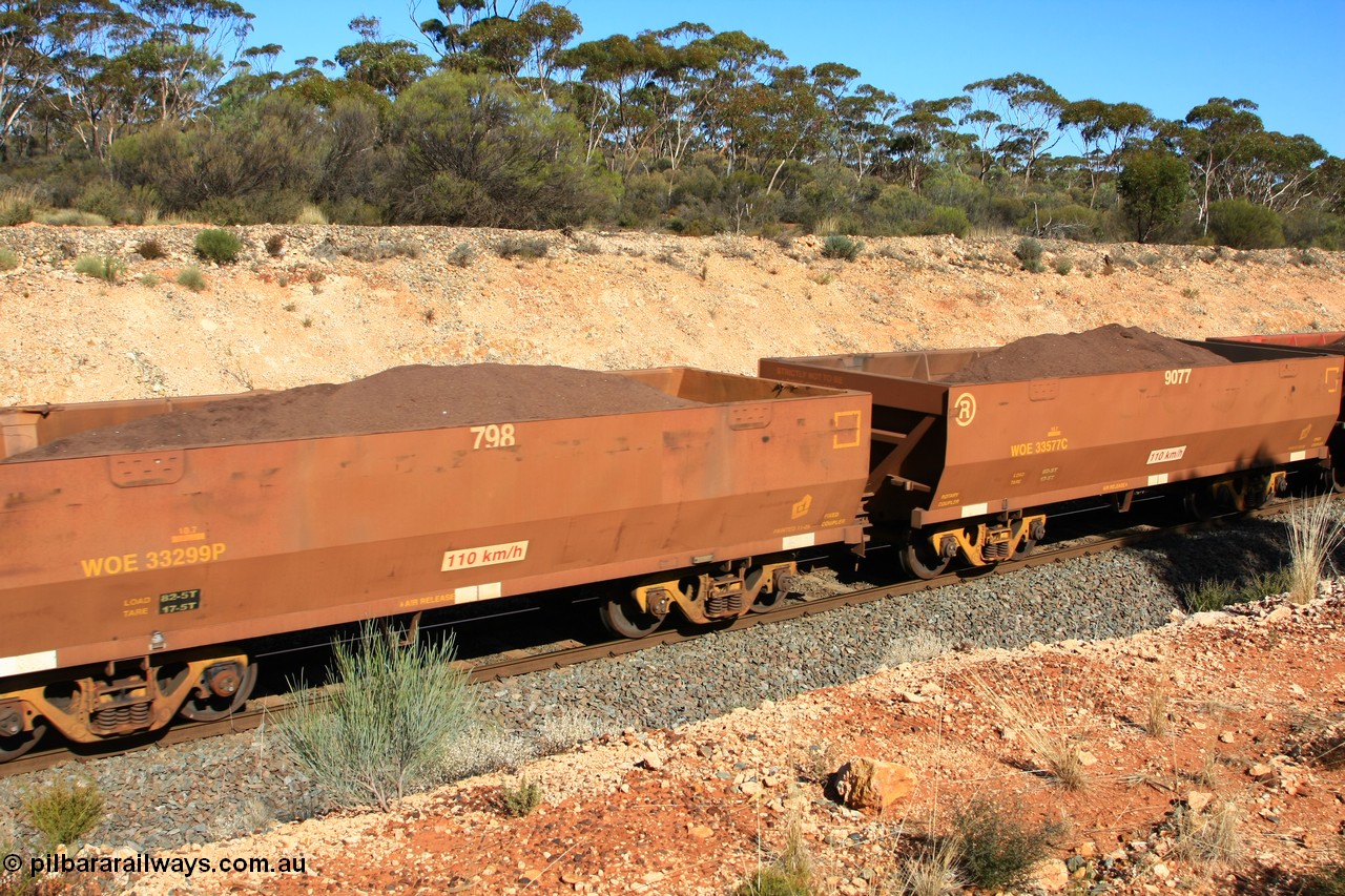 100602 8584
WOE type iron ore waggon WOE 33299 is one of a batch of one hundred and forty one built by United Goninan WA between November 2005 and April 2006 with serial number 950142-004 and fleet number 798 for Koolyanobbing iron ore operations, now with reduced load to 82.5 tonnes and PORTMAN painted out, Binduli 2nd June 2010.
Keywords: WOE-type;WOE33299;United-Goninan-WA;950142-004;