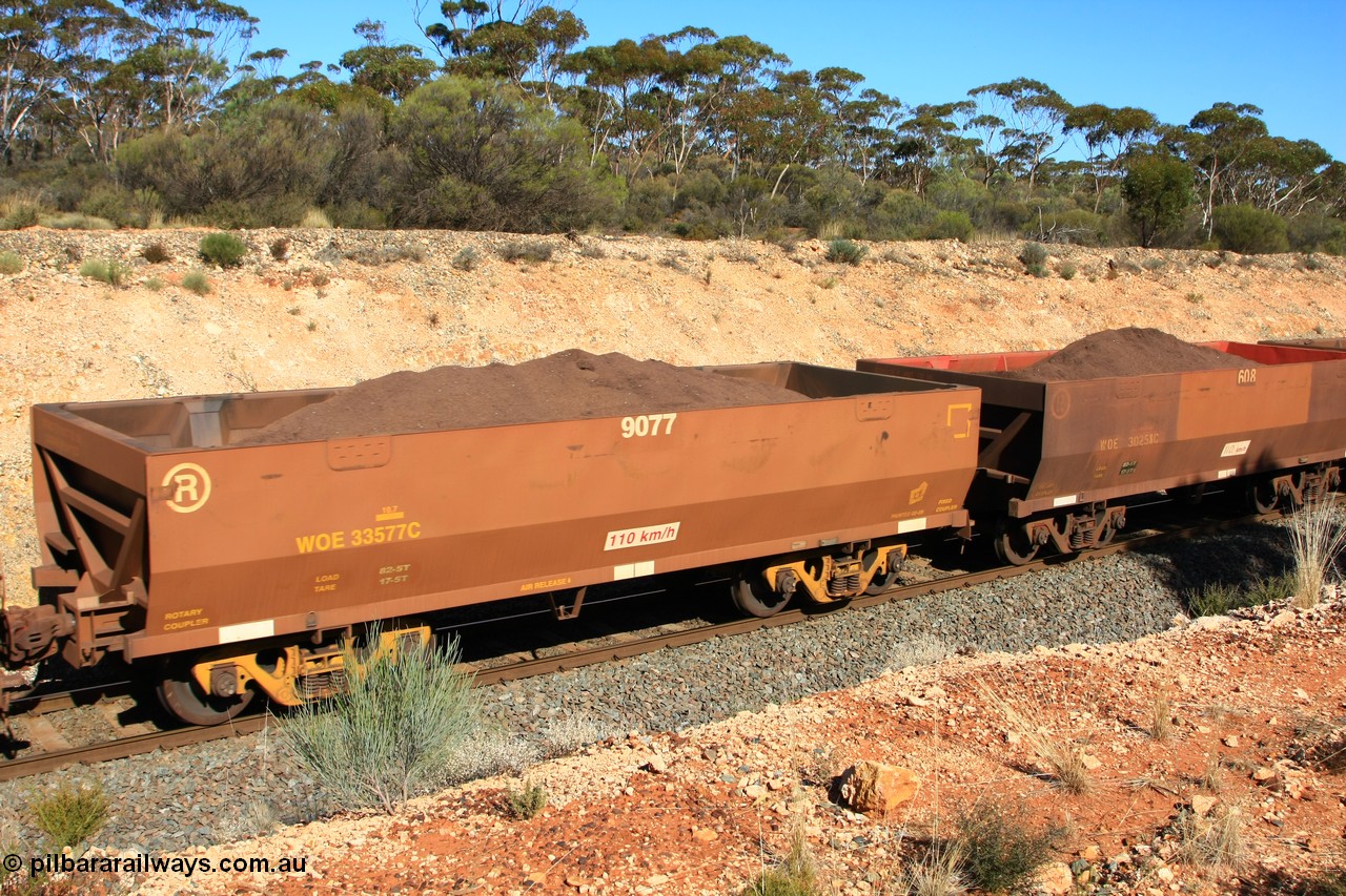 100602 8585
WOE type iron ore waggon WOE 33577 is one of a batch of one hundred and twenty eight built by United Group Rail WA between August 2008 and March 2009 with serial number 950211-117 and fleet number 9077 for Koolyanobbing iron ore operations, seen here west of Binduli, 2nd June 2010.
Keywords: WOE-type;WOE33577;United-Group-Rail-WA;950211-117;