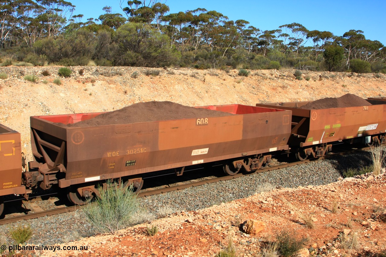 100602 8586
WOE type iron ore waggon WOE 30258 is one of a batch of one hundred and thirty built by Goninan WA between March and August 2001 with serial number 950092-008 and fleet number 608 for Koolyanobbing iron ore operations of 83 tonne load capacity for Portman Mining, now with reduced load to 82.5 tonnes and PORTMAN painted out, Binduli 2nd June 2010.
Keywords: WOE-type;WOE30258;Goninan-WA;950092-008;