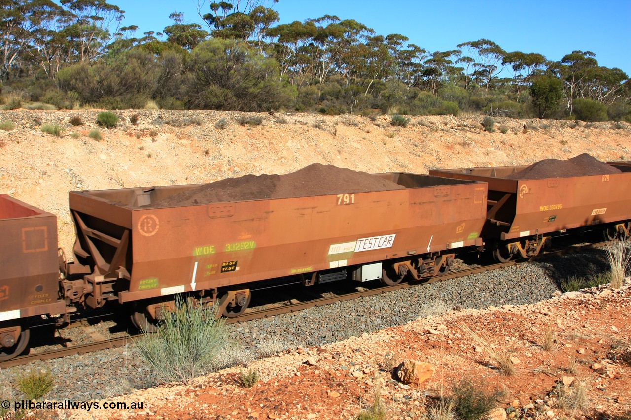 100602 8587
WOE type iron ore waggon WOE 33292 is one of a batch of thirty five built by United Goninan WA between January and April 2005 with serial number 950104-032 and fleet number 791 for Koolyanobbing iron ore operations, set up as a test car, build date of 04/2005 with a revised load of 82.5 tonnes and PORTMAN painted out, seen here west of Binduli, 2nd June 2010.
Keywords: WOE-type;WOE33292;test-car;United-Goninan-WA;950104-032;
