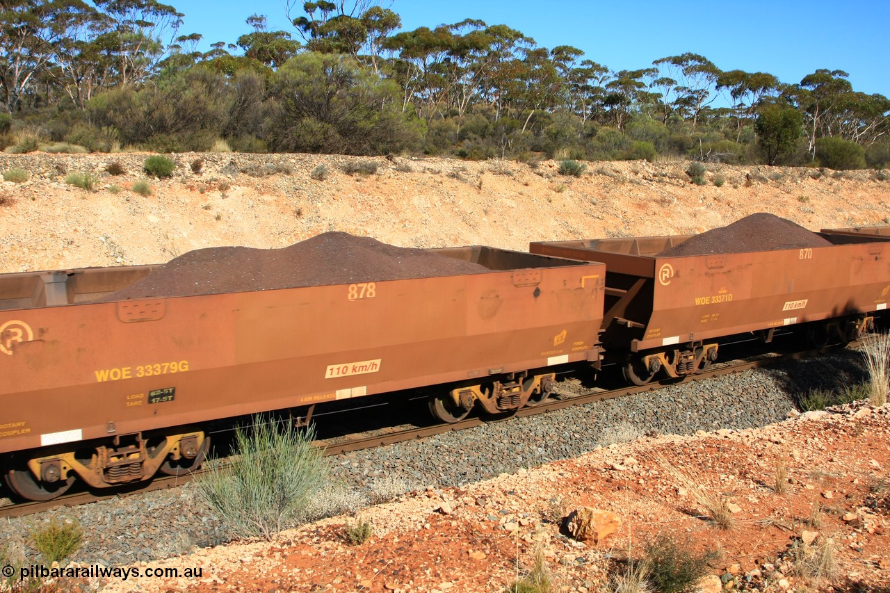 100602 8588
WOE type iron ore waggon WOE 33379 is one of a batch of one hundred and forty one built by United Group Rail WA between November 2005 and April 2006 with serial number 950142-084 and fleet number 878 for Koolyanobbing iron ore operations, build date 02/2006, revised load to 82.5 tonne and PORTMAN painted out, Binduli 2nd June 2010.
Keywords: WOE-type;WOE33379;United-Group-Rail-WA;950142-084;