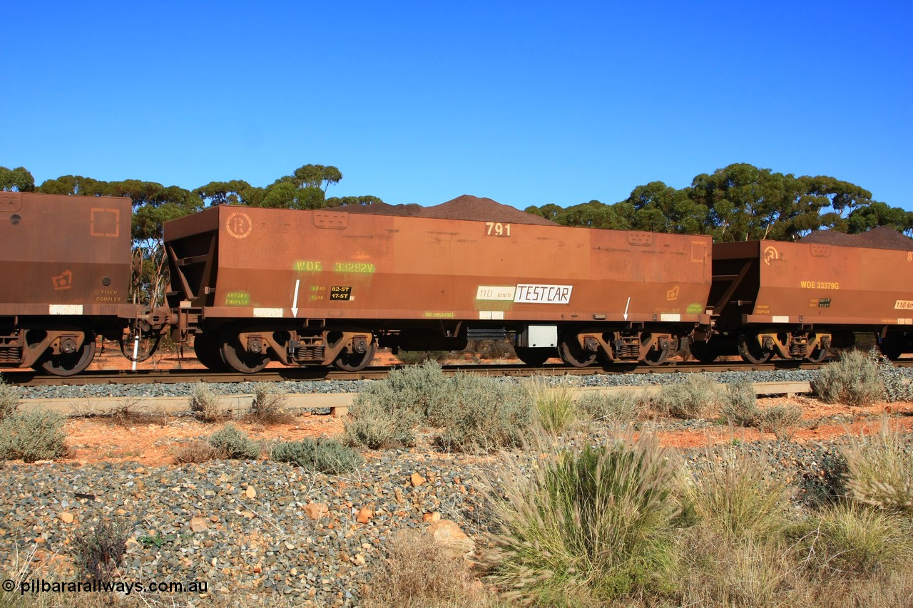 100602 8589
WOE type iron ore waggon WOE 33292 is one of a batch of thirty five built by United Goninan WA between January and April 2005 with serial number 950104-032 and fleet number 791 for Koolyanobbing iron ore operations, set up as a test car, build date of 04/2005 with a revised load of 82.5 tonnes and PORTMAN painted out, seen here west of Binduli, 2nd June 2010.
Keywords: WOE-type;WOE33292;test-car;United-Goninan-WA;950104-032;