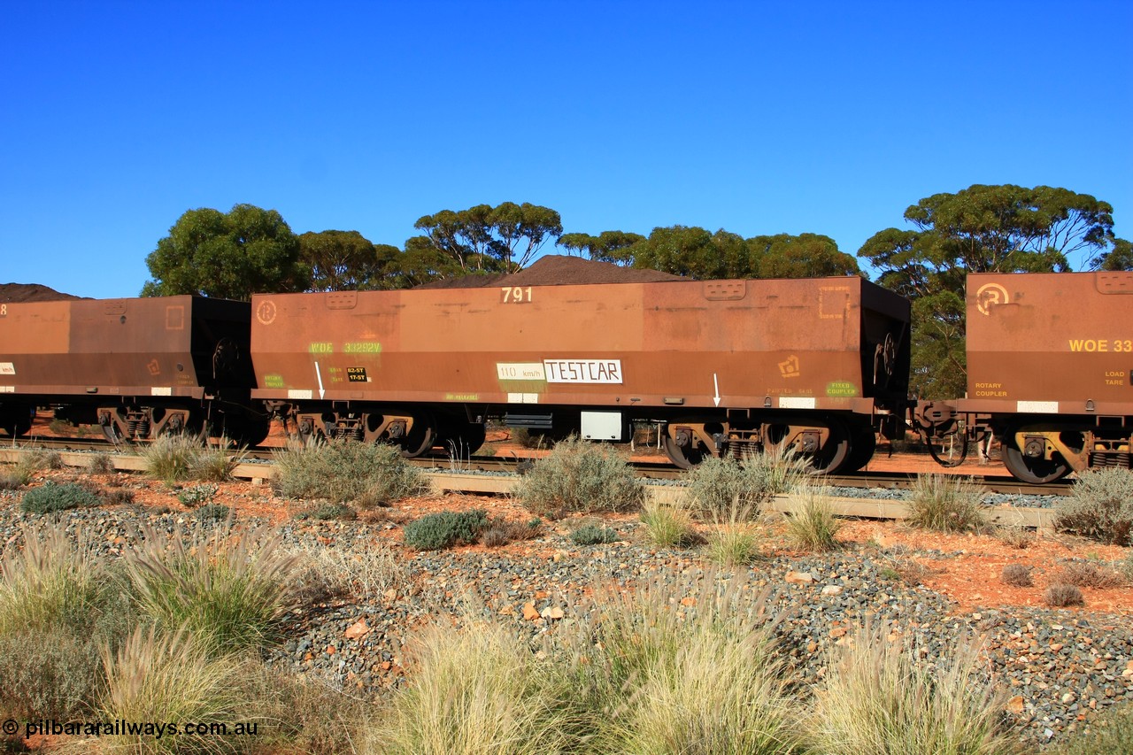 100602 8591
WOE type iron ore waggon WOE 33292 is one of a batch of thirty five built by United Goninan WA between January and April 2005 with serial number 950104-032 and fleet number 791 for Koolyanobbing iron ore operations, set up as a test car, build date of 04/2005 with a revised load of 82.5 tonnes and PORTMAN painted out, seen here at Binduli, 2nd June 2010.
Keywords: WOE-type;WOE33292;test-car;United-Goninan-WA;950104-032;