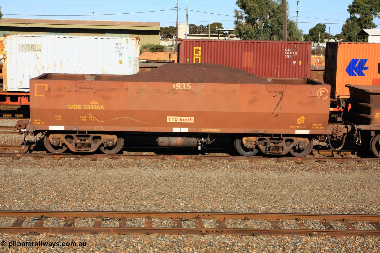 100602 8678
WOE type iron ore waggon WOE 33436 is one of a batch of one hundred and forty one built by United Group Rail WA between November 2005 and April 2006 with serial number 950142-141 and fleet number 8935 for Koolyanobbing iron ore operations with the 8 being an addition as the fleet size has increased beyond 1000 waggons, 82.5 ton capacity and build date of 04/2006 waggon for Portman Mining, now with PORTMAN painted out, West Kalgoorlie 2nd June 2010.
Keywords: WOE-type;WOE33436;United-Group-Rail-WA;950142-141;