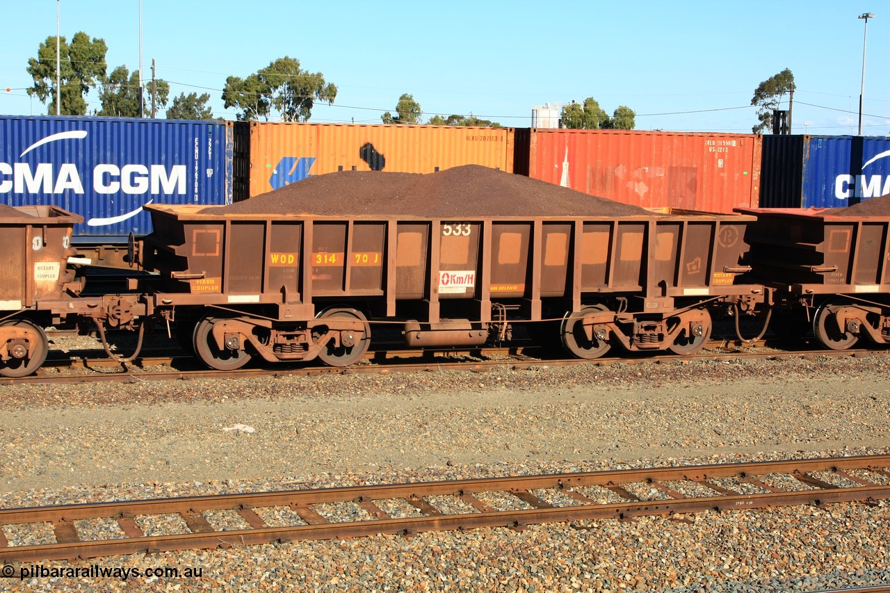 100602 8682
WOD type iron ore waggon WOD 31470 is one of a batch of sixty two built by Goninan WA between April and August 2000 with serial number 950086-042 and fleet number 533 for Koolyanobbing iron ore operations with a 75 ton capacity for Portman Mining to cart their Koolyanobbing iron ore to Esperance, PORTMAN has been painted out, West Kalgoorlie loaded with fines, 2nd June 2010.
Keywords: WOD-type;WOD31470;Goninan-WA;950086-042;