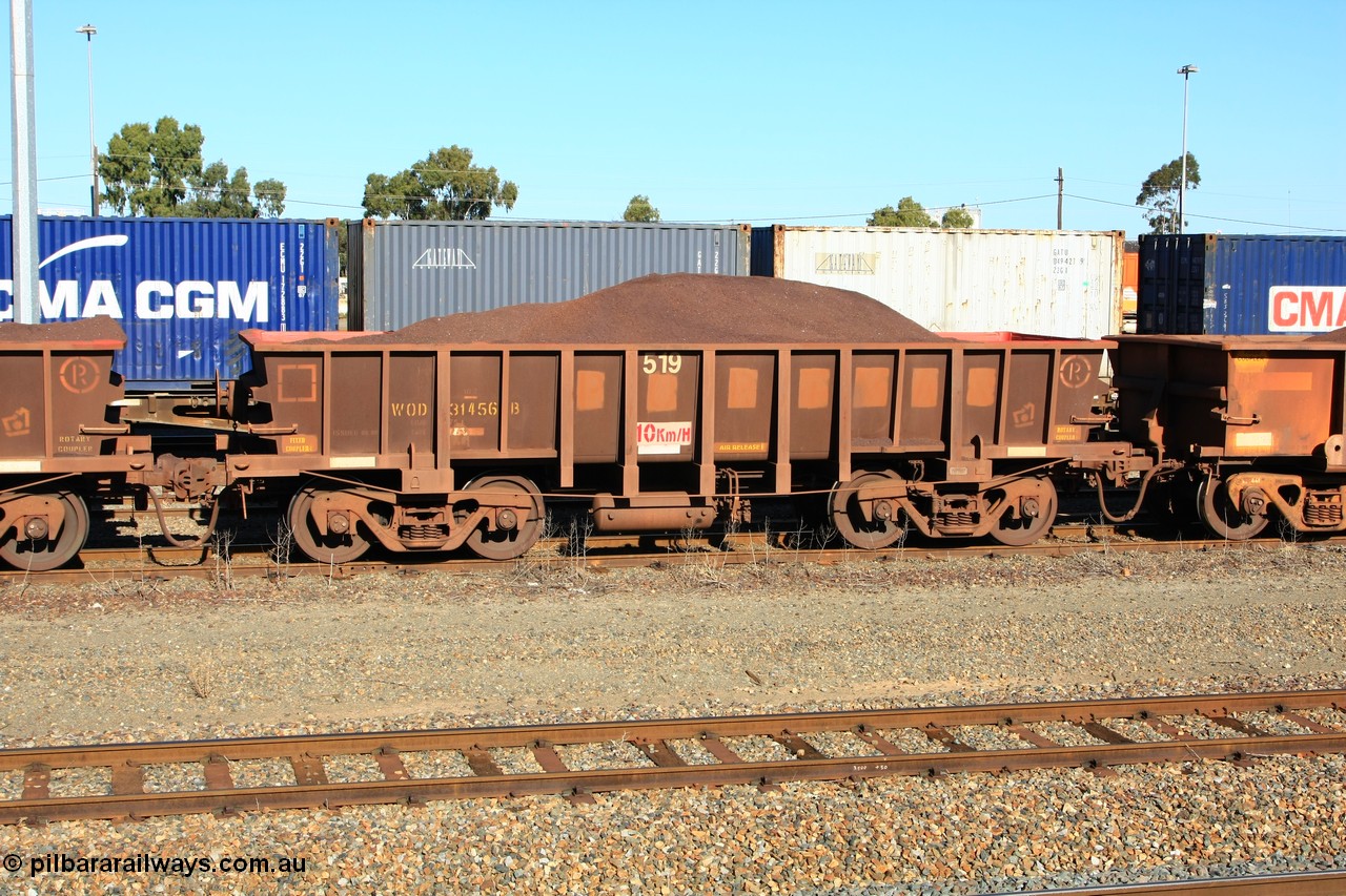 100602 8684
WOD type iron ore waggon WOD 31456 is one of a batch of sixty two built by Goninan WA between April and August 2000 with serial number 950086-028 and fleet number 519 for Koolyanobbing iron ore operations with a 75 ton capacity for Portman Mining to cart their Koolyanobbing iron ore to Esperance, PORTMAN has been painted out, West Kalgoorlie loaded with fines, 2nd June 2010.
Keywords: WOD-type;WOD31456;Goninan-WA;950086-028;