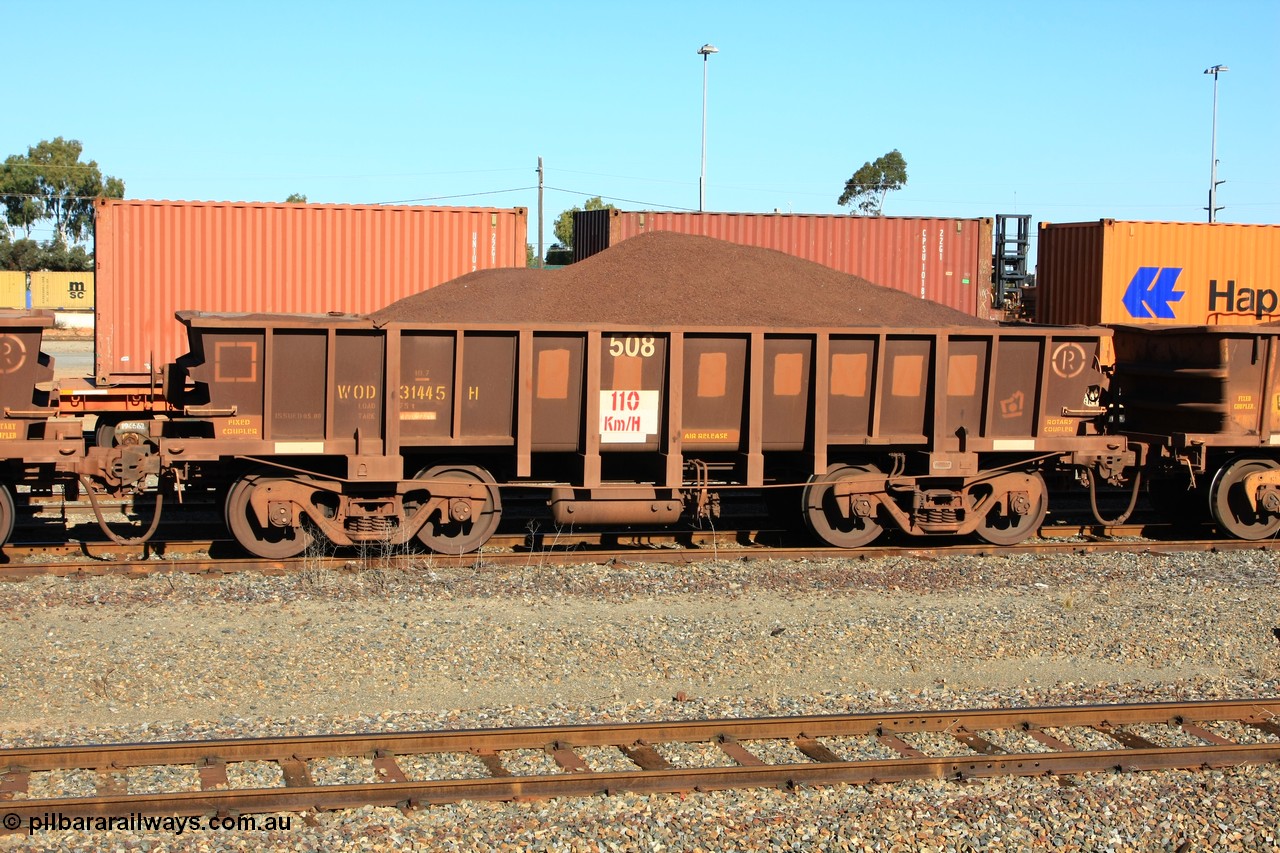 100602 8687
WOD type iron ore waggon WOD 31445 is one of a batch of sixty two built by Goninan WA between April and August 2000 with serial number 950086-017 and fleet number 508 for Koolyanobbing iron ore operations with a 75 ton capacity for Portman Mining to cart their Koolyanobbing iron ore to Esperance, PORTMAN has been painted out, West Kalgoorlie loaded with fines, 2nd June 2010.
Keywords: WOD-type;WOD31445;Goninan-WA;950086-018;