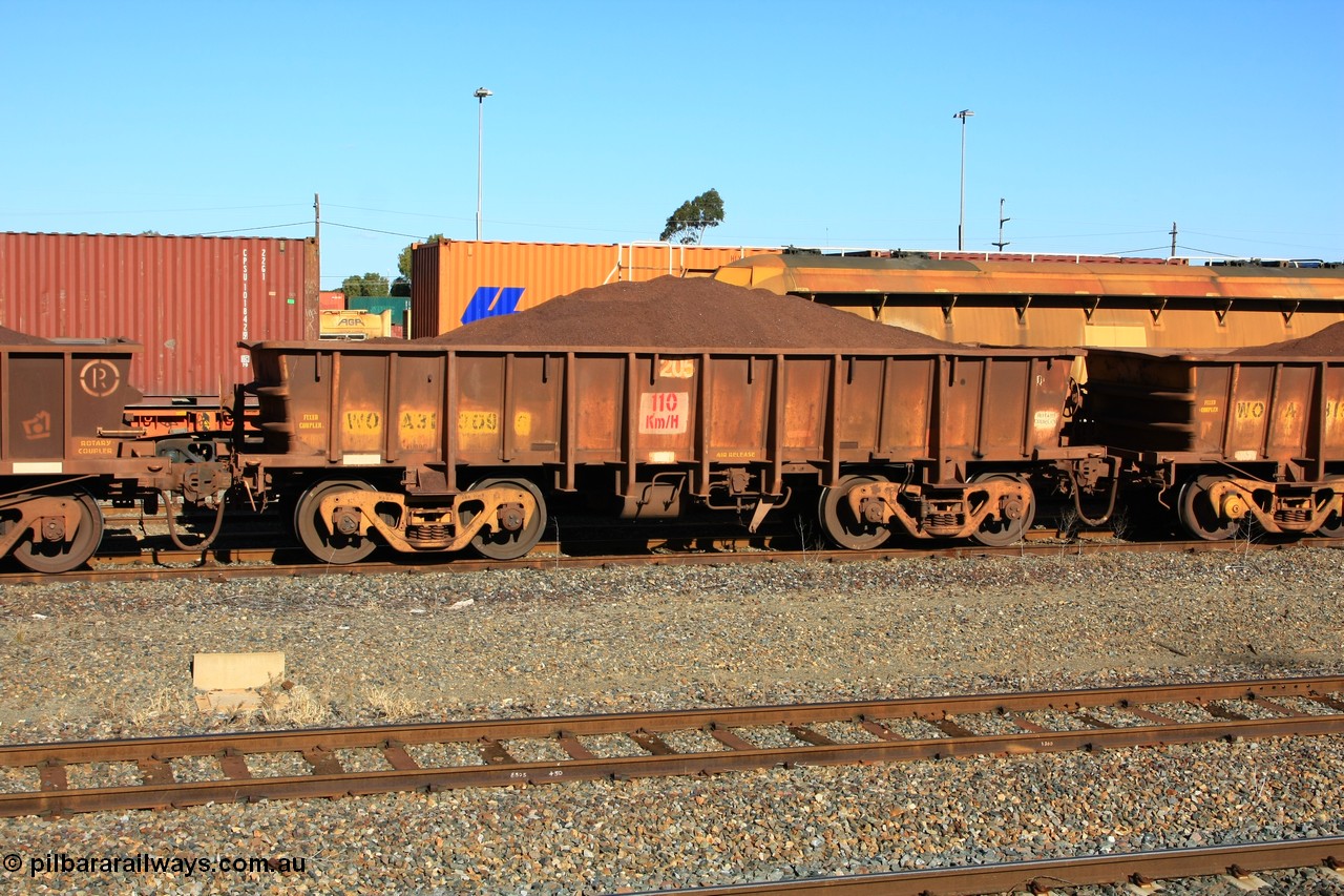 100602 8688
WOA type iron ore waggon WOA 31309 is one of a batch of thirty nine built by WAGR Midland Workshops between 1970 and 1971 with fleet number 205 for Koolyanobbing iron ore operations, with a 75 ton and 1018 ft³ capacity, West Kalgoorlie loaded with fines, 2nd June 2010.
Keywords: WOA-type;WOA31309;WAGR-Midland-WS;