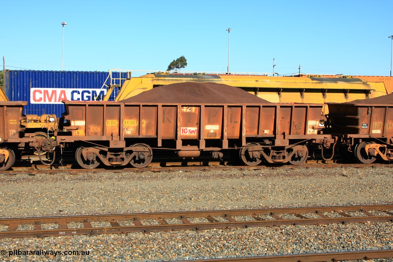 100602 8690
WOC type iron ore waggon WOC 31361 is one of a batch of thirty built by Goninan WA between October 1997 to January 1998 with fleet number 421 and build date of 12/1997, for Koolyanobbing iron ore operations with a 75 ton capacity and lettered for KIPL, Koolyanobbing Iron Pty Ltd, loaded with fines, West Kalgoorlie 2nd June 2010.
Keywords: WOC-type;WOC31361;Goninan-WA;
