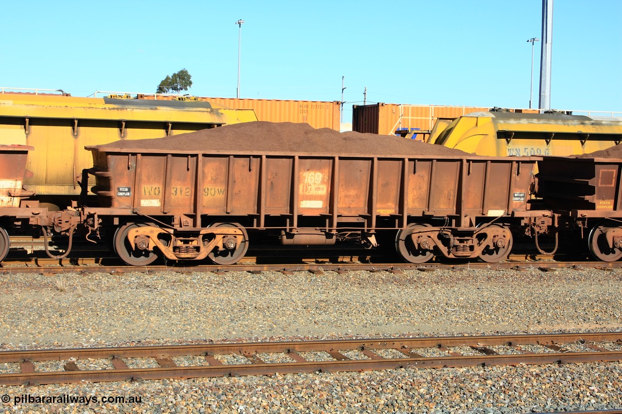 100602 8691
WO type iron ore waggon WO 31290 is one of a batch of fifteen built by WAGR Midland Workshops between July and October 1968 with fleet number 169 for Koolyanobbing iron ore operations, with a 75 ton and 1018 ft³ capacity, West Kalgoorlie loaded with fines, 2nd June 2010.
Keywords: WO-type;WO31290;WAGR-Midland-WS;