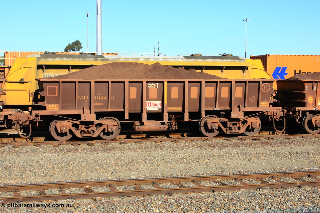 100602 8692
WOD type iron ore waggon WOD 31488 is one of a batch of sixty two built by Goninan WA between April and August 2000 with serial number 950086-060 and fleet number 551 for Koolyanobbing iron ore operations with a 75 ton capacity build date 07/2000, for Portman Mining to cart their Koolyanobbing iron ore to Esperance, PORTMAN has been painted out, West Kalgoorlie loaded with fines, 2nd June 2010.
Keywords: WOD-type;WOD31488;Goninan-WA;950086-060;