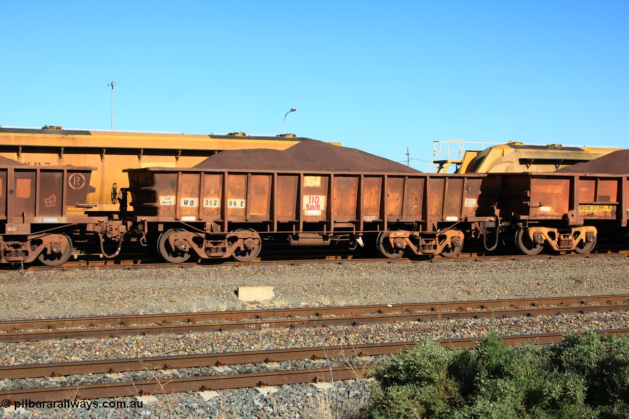 100602 8699
WO type iron ore waggon WO 31284 is one of a batch of eighty six built by WAGR Midland Workshops between 1967 and March 1968 with fleet number 164 for Koolyanobbing iron ore operations, with a 75 ton and 1018 ft³ capacity, loaded with fines, West Kalgoorlie 2nd June 2010. This unit was converted to WOC for coal in 1986 till 1994 when it was re-classed back to WO.
Keywords: WO-type;WO31284;WAGR-Midland-WS;