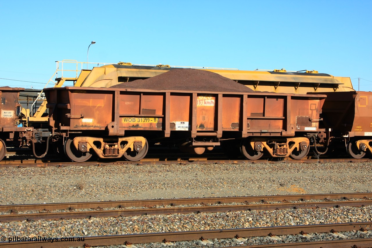 100602 8700
WOB type iron ore waggon WOB 31399 is one of a batch of twenty five built by Comeng WA between 1974 and 1975 and converted from Mt Newman high sided waggons by WAGR Midland Workshops with a capacity of 67 tons with fleet number 323 for Koolyanobbing iron ore operations, seen here West Kalgoorlie 2nd June 2010.
Keywords: WOB-type;WOB31399;Comeng-WA;WSM-type;Mt-Newman-Mining;