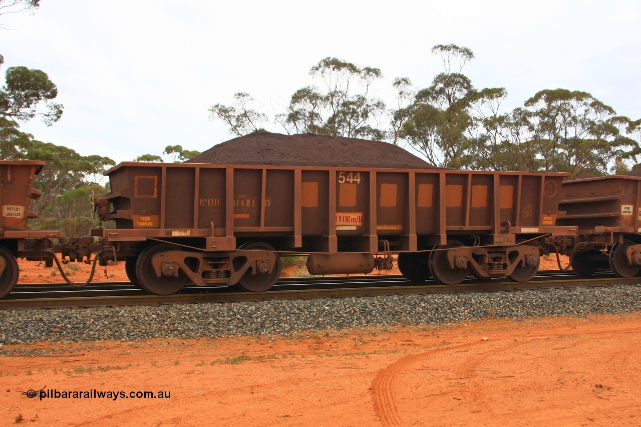 100605 9329
WOD type iron ore waggon WOD 31481 is one of a batch of sixty two built by Goninan WA between April and August 2000 with serial number 950086-053 and fleet number 542 for Koolyanobbing iron ore operations with a 75 ton capacity for Portman Mining to cart their Koolyanobbing iron ore to Esperance, now with PORTMAN painted out, Binduli Triangle, loaded with fines, 5th June 2010.
Keywords: WOD-type;WOD31481;Goninan-WA;950086-053;